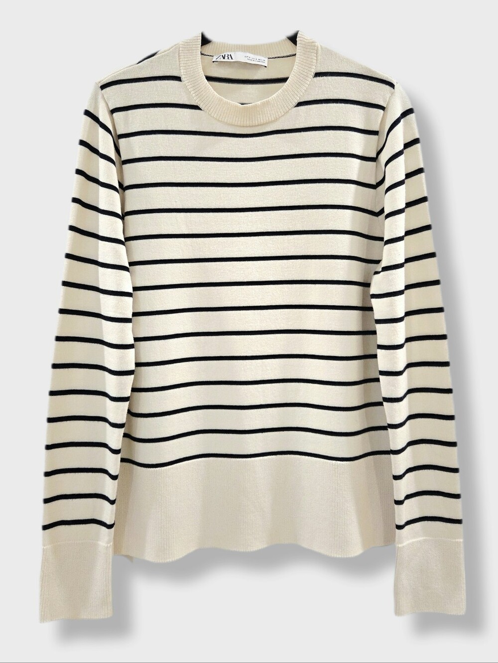 Zara Striped Knit Sweater Oat Black Crew Neck Size S